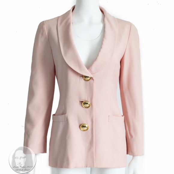 Genny Italy Jacket Pale Pink Blazer Shawl Collar Wool Gabardine US 6 Vintage 90s - Picture 2 of 9